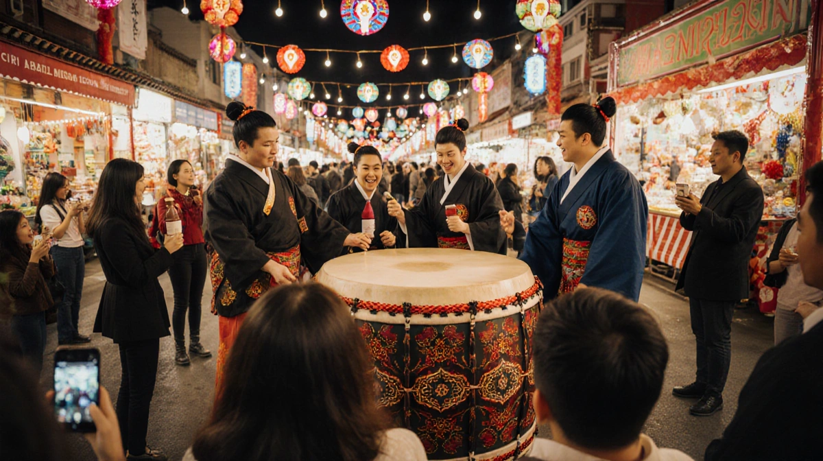 People gathering around a Taiko drum with traditional attire and colorful festival stalls during Little Tokyo Oshogatsu Festi