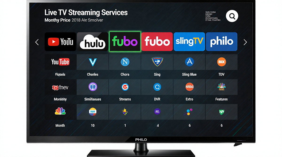 TV screen showing a comparison table of live streaming services with price and channels and features