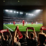 Liverpool fans cheering with scarves raised and stadium TV showing dramatic goal celebration