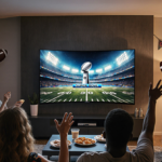People cheering with a large curved Super Bowl TV and football snacks in a modern living room