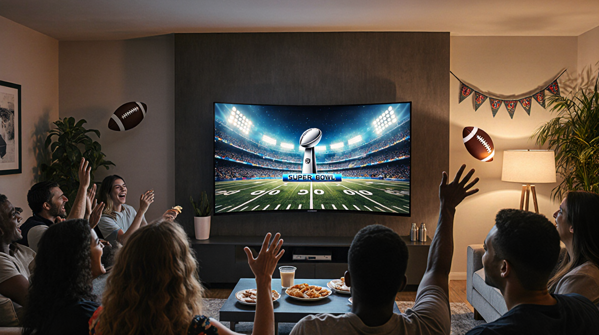 People cheering with a large curved Super Bowl TV and football snacks in a modern living room