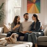 Couple laughing with dog at their feet on a couch in a bright living room with greenery