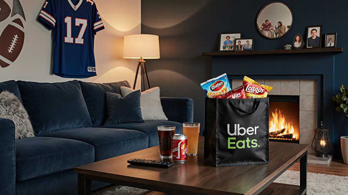 Living room displays deep blue sectional sofa with fireplace and dim lamps with sports jerseys and Uber Eats bag visible.