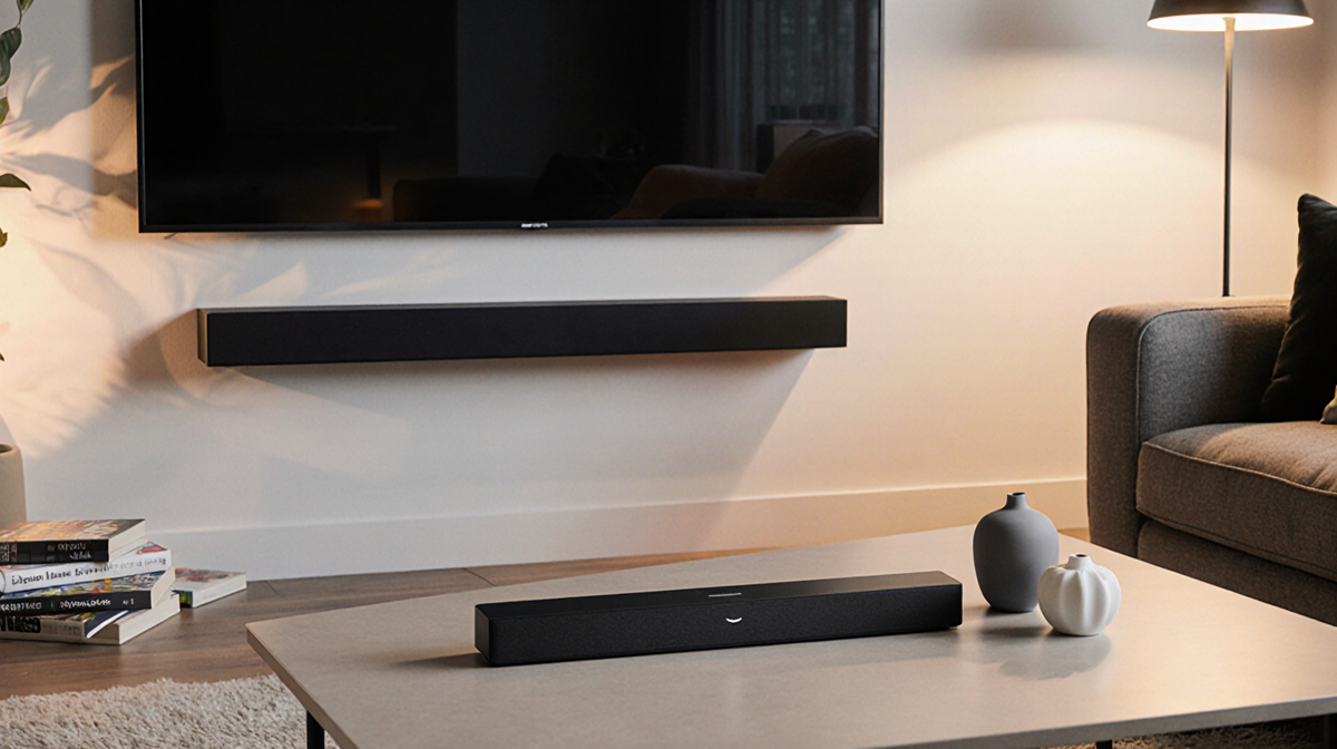 Amazon Fire TV Soundbar radiates warm light on coffee table with minimalist décor and dim living room backdrop