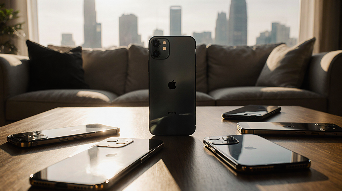 iPhone 16E glimmers on coffee table with older iPhones around and a blurred cityscape through the window