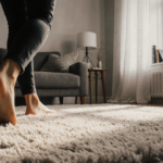 Feet walking toward plush rug in a sunlit living room with soft velvet texture and a vase nearby