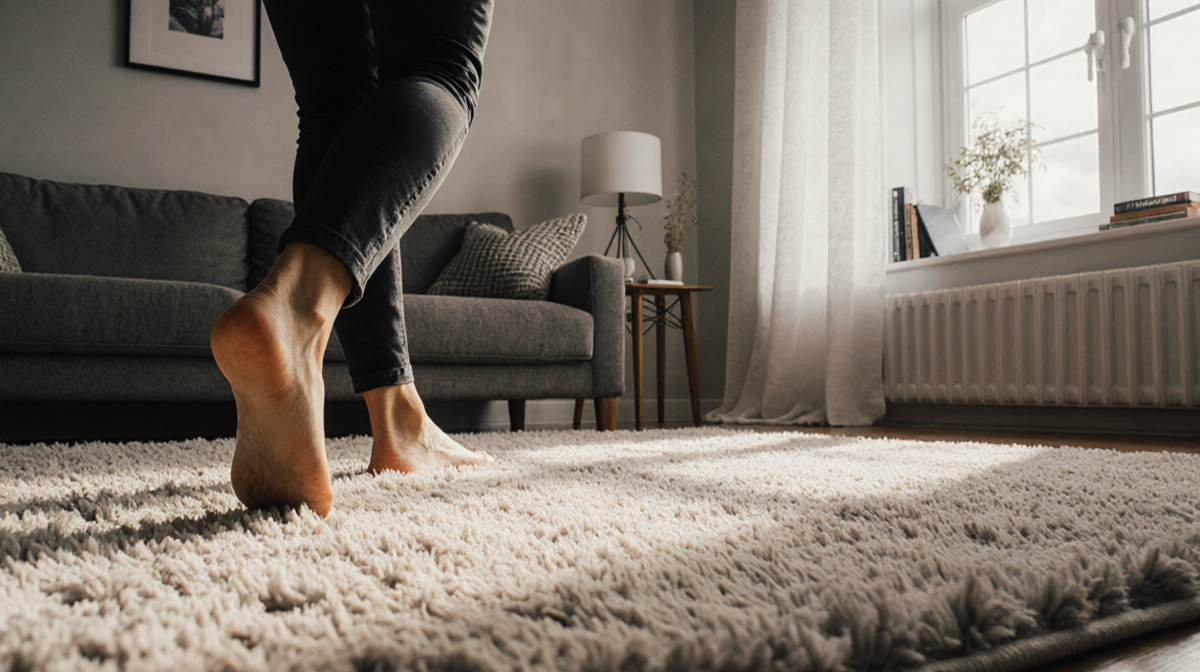 Feet walking toward plush rug in a sunlit living room with soft velvet texture and a vase nearby