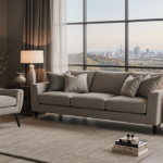 Living room shows sleek beige sofa with floor‑to‑ceiling window and Wayfair chair facing outside