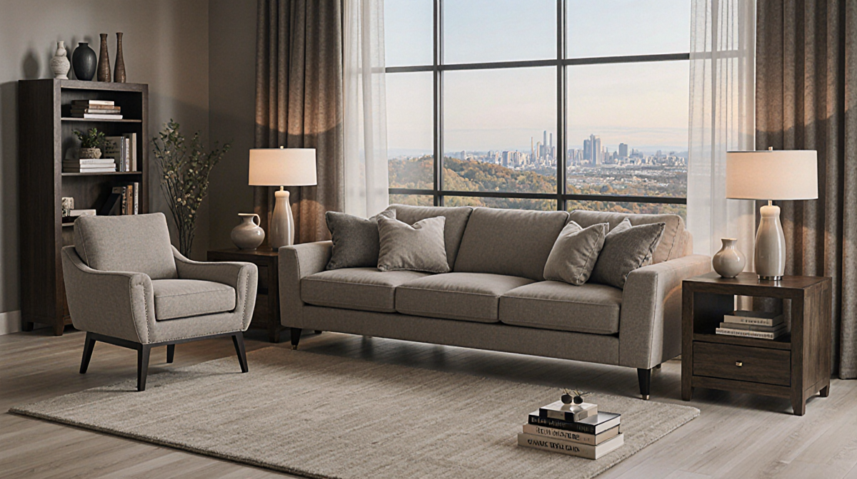 Living room shows sleek beige sofa with floor‑to‑ceiling window and Wayfair chair facing outside