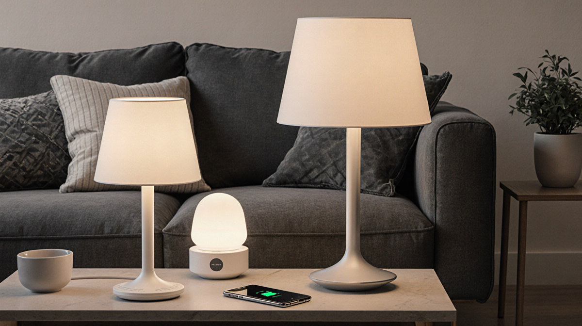 Lamps glowing with wireless charging pads and throw pillows on a sleek sofa in a cozy living room