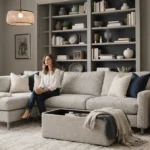Inviting living room shows storage bench concealing essentials with pendant light and bookshelf in background