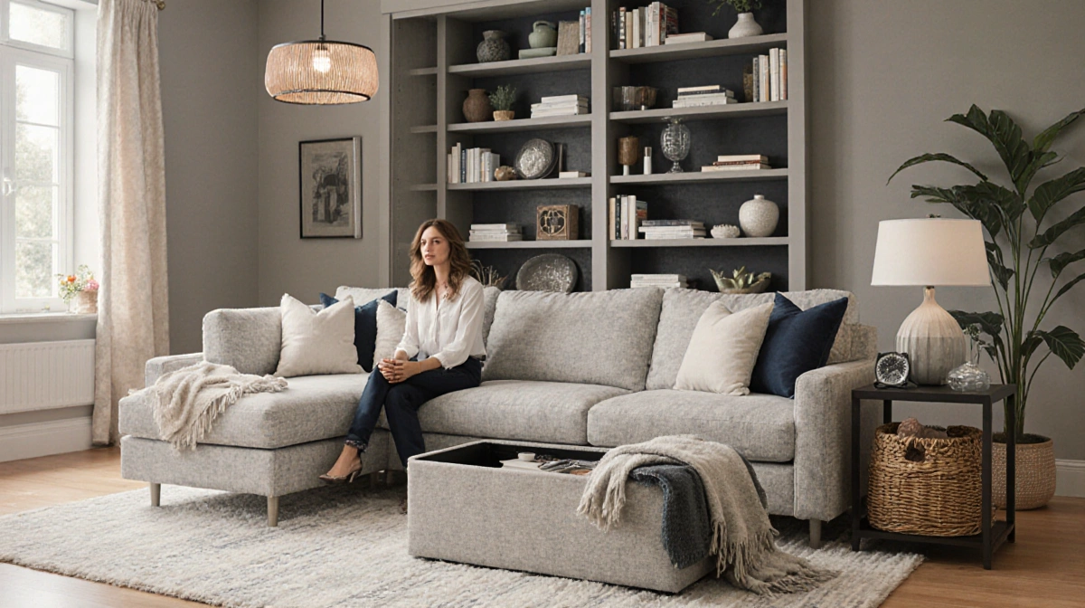 Inviting living room shows storage bench concealing essentials with pendant light and bookshelf in background