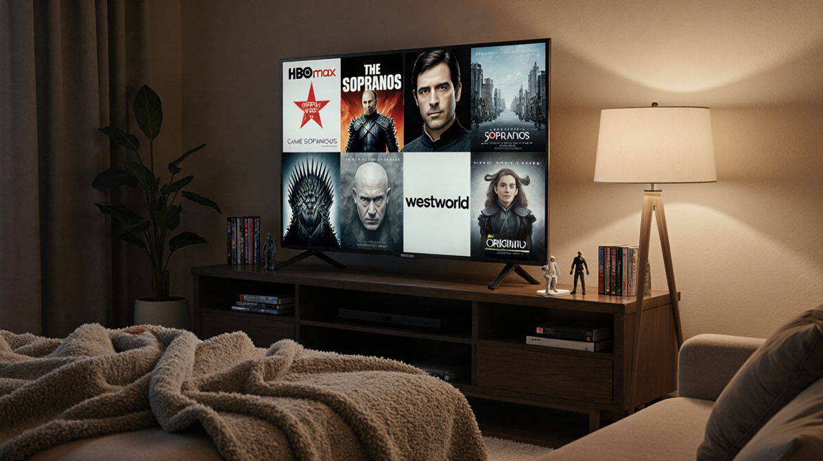 TV screen shows a collage of HBO Max posters with cozy blankets and warm lamp glow