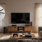 Living room features a large flat-screen TV surrounded by sofas and streaming devices with a cut cable symbol in the backgrou