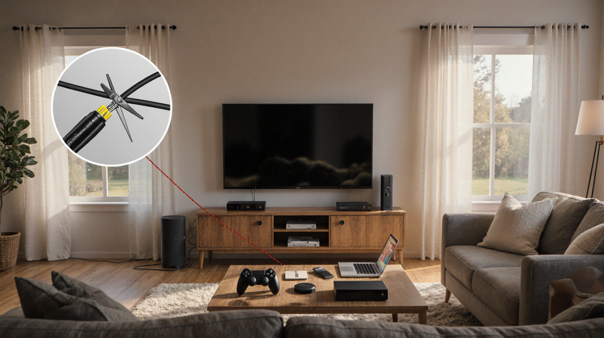 Living room features a large flat-screen TV surrounded by sofas and streaming devices with a cut cable symbol in the backgrou
