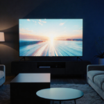 Large 75‑inch TV glows softly in a modern living room with plush couches and a warm cozy atmosphere