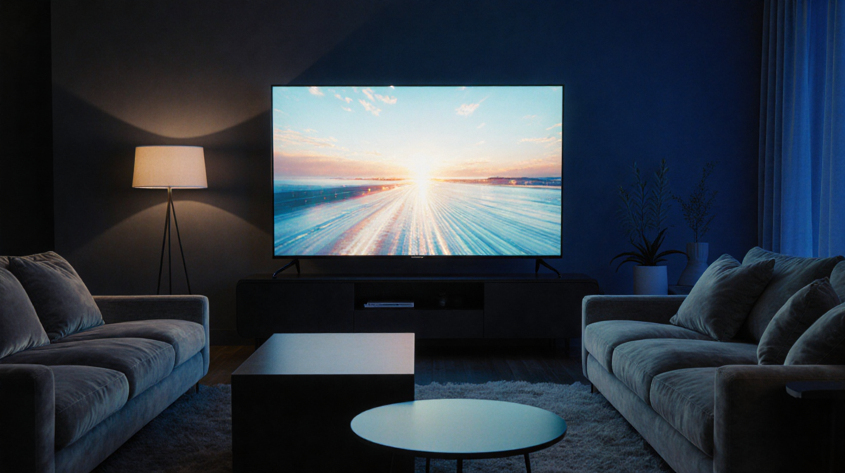 Large 75‑inch TV glows softly in a modern living room with plush couches and a warm cozy atmosphere