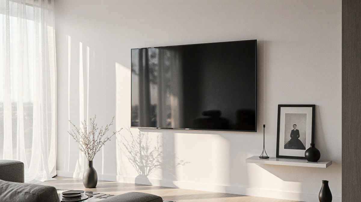 Modern living room displays a wall-mounted TV with a white wall and a vase warmed by soft lighting.