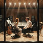 Liza Minnelli and Art Garfunkel mixing music at a glass wall studio with AI‑powered gear and vintage analog equipment