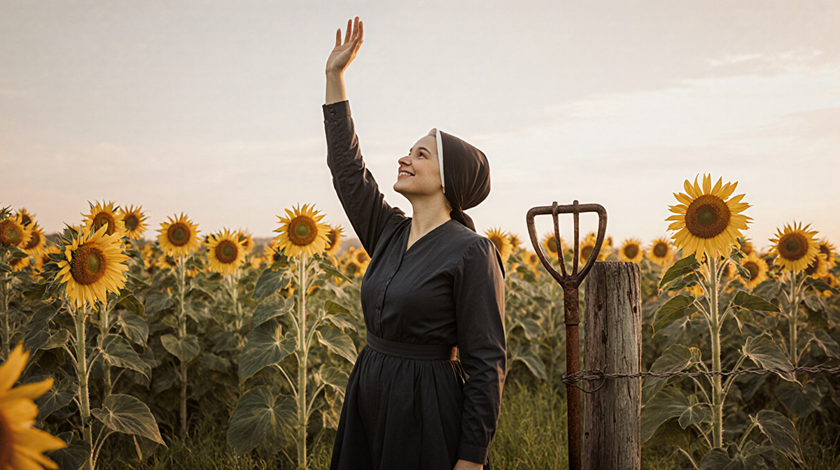 Lizzie Ens standing in a green field with sunflowers extending her arm upward and smiling embodying freedom and empowerment.