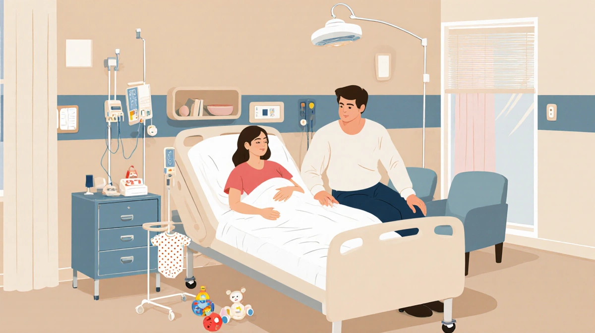 Lo Bosworth sits on hospital bed with Dom holding her hand and baby onesie nearby