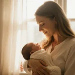 Lo Bosworth cradles her swaddled newborn with soft golden light and festive nursery decor behind