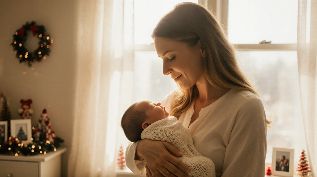 Lo Bosworth cradles her swaddled newborn with soft golden light and festive nursery decor behind
