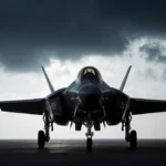 F-22 Raptor stands on tarmac with wingtips angled toward horizon and wispy clouds drifting across blue-gray sky