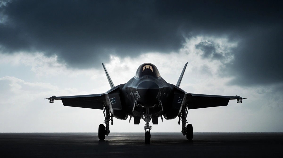 F-22 Raptor stands on tarmac with wingtips angled toward horizon and wispy clouds drifting across blue-gray sky
