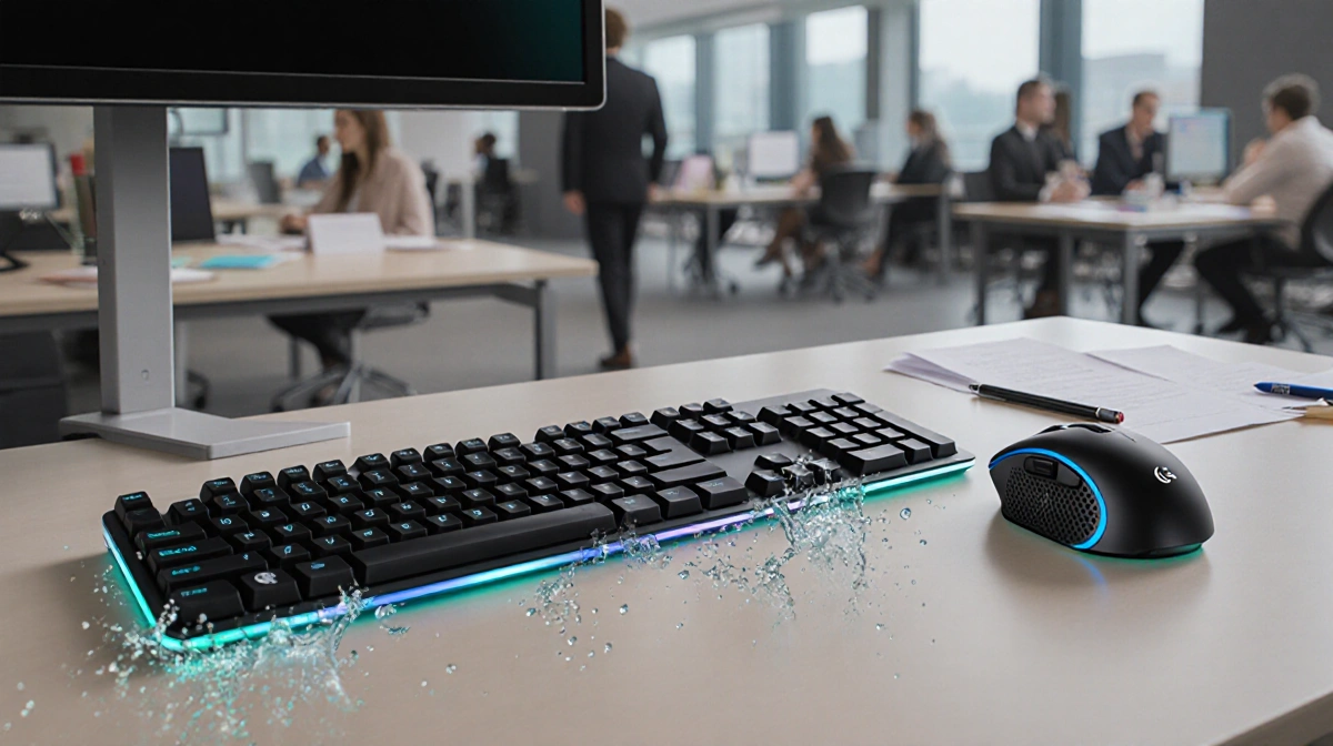 Logitech MK540 keyboard with water droplets showing spill resistance and mouse on desk with papers