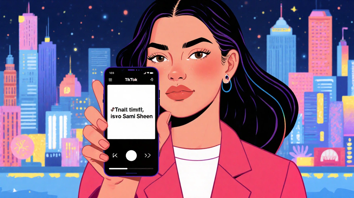 Lola Sheen confidently holds her smartphone with TikTok screen showing message to Sami Sheen and blurred cityscape behind