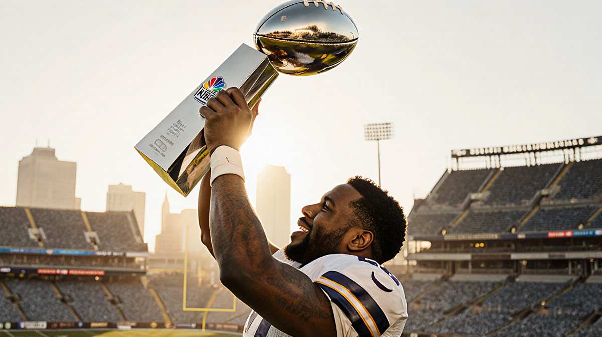 Football player lifts Lombardi Trophy with golden light and blurred stadium seats behind