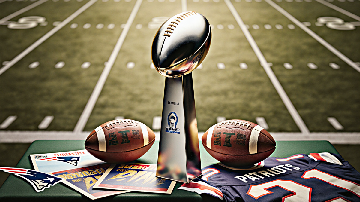 Vince Lombardi Trophy sits on a pedestal with golden tones and Patriots jerseys footballs and Super Bowl programs around it