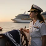Alexandra Olsen standing at Royal Caribbean bow looking toward horizon with ship wheel and sunset golden light.