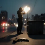 Figure standing with arms raised to shield face from rifle flash amid street glow 9mm pistol