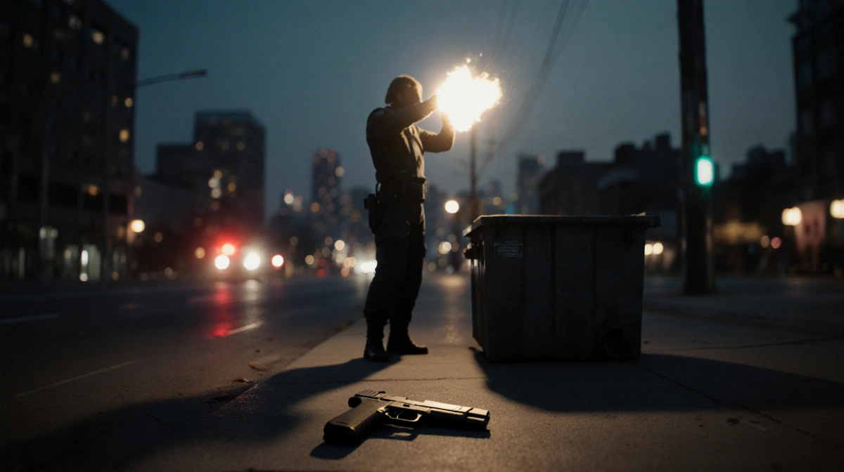 Figure standing with arms raised to shield face from rifle flash amid street glow 9mm pistol