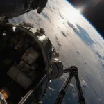 Lone astronaut descends through clouds with spacecraft cabin and medical equipment visible during re-entry
