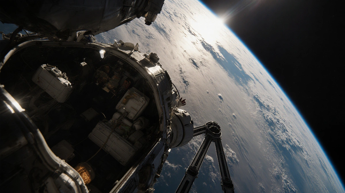 Lone astronaut descends through clouds with spacecraft cabin and medical equipment visible during re-entry