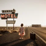 Toddler girl stands alone at weathered Sunset Inn sign with suitcase and abandoned motel in background