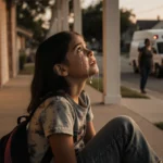 Young girl crying on porch with backpack and ICE van in background