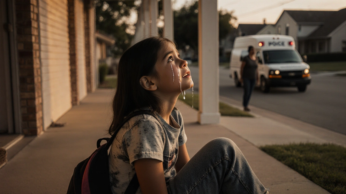 Young girl crying on porch with backpack and ICE van in background