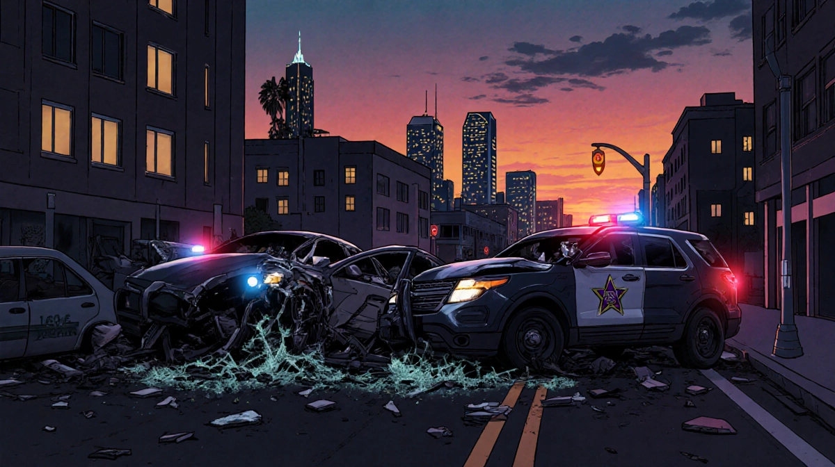 Cars collide on darkened street with flashing police lights and Long Beach skyline at sunset.