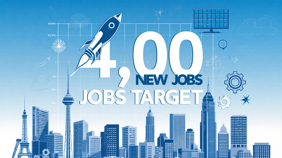 Long Beach skyline rises behind infographic showing 4000 new jobs with rocket and solar panel symbols