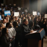 Protesters hold Economic Growth and Accountability signs with crowd filling city hall and empty mayor podium behind
