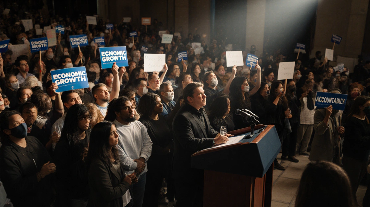 Protesters hold Economic Growth and Accountability signs with crowd filling city hall and empty mayor podium behind