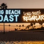 Split-screen beach scoreboard shows Long Beach Coast and Regulators team names with sunset glow and palm trees