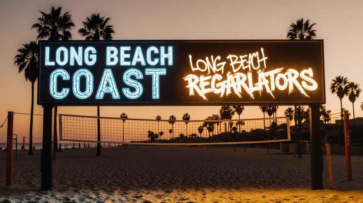 Split-screen beach scoreboard shows Long Beach Coast and Regulators team names with sunset glow and palm trees