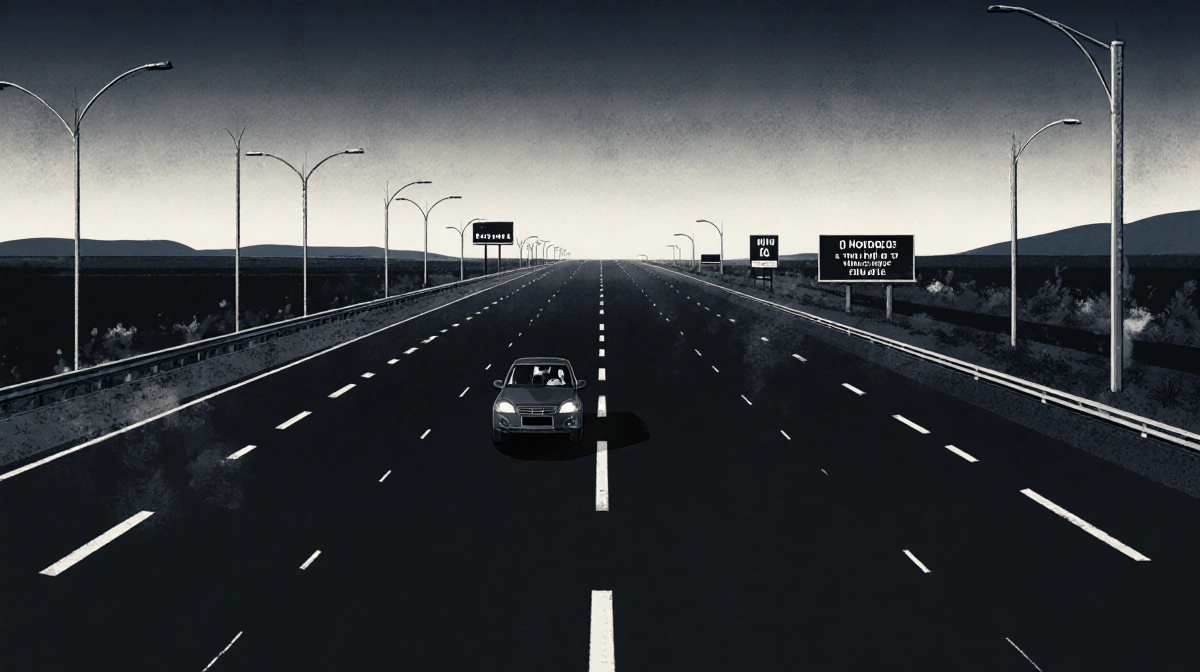 Driver navigating dark highway with car centered on road and distant horizon showing isolation