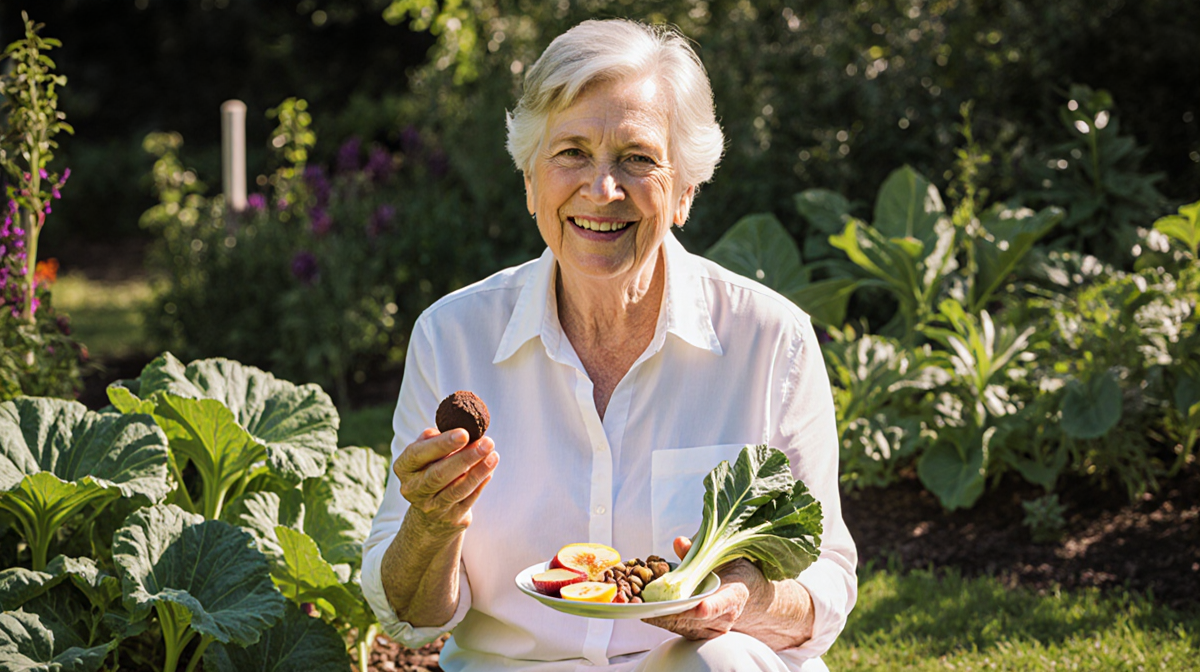Middle-aged woman holds chocolate truffle balanced vegetable with a plate of fruit and nuts smiling in warm light indulgence.