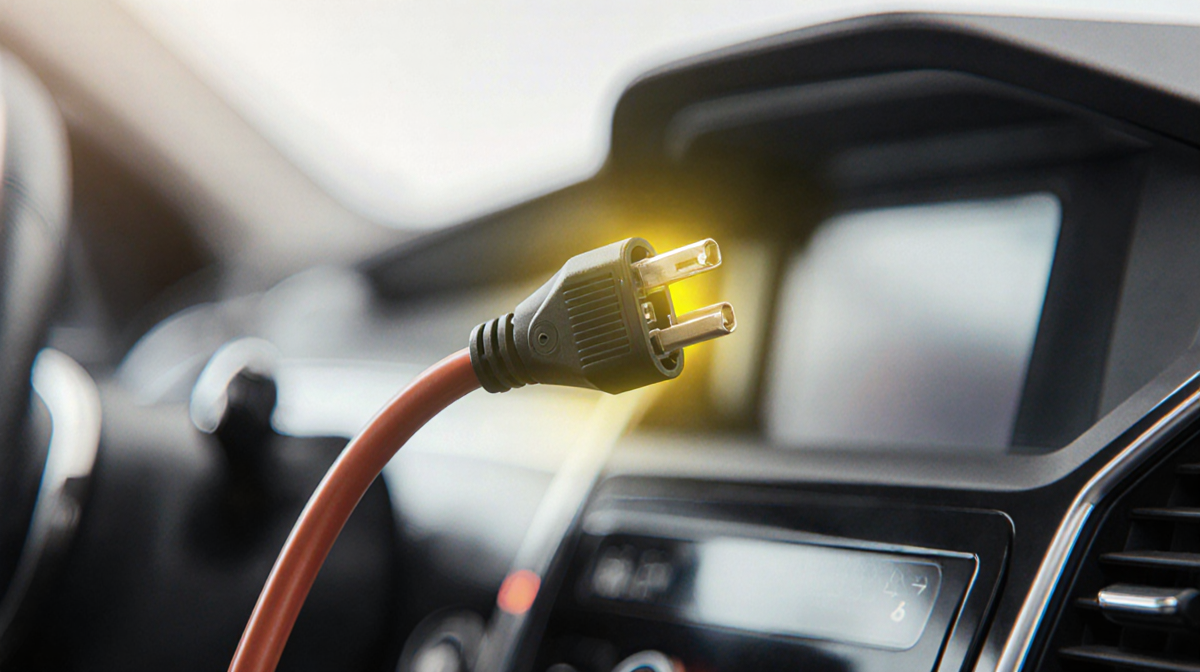Loose 12V power cable glowing yellow in foreground with blurred vehicle instrument panel behind highlighting failure risk.